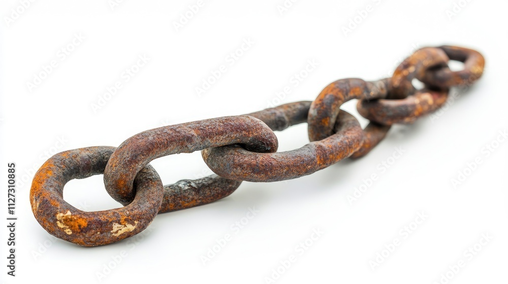 Rusty metal chain close-up isolated on white background highlighting its texture and form with ample empty space for design flexibility Rusty metal chain close-up isolated on white background highlighting its texture and form with ample empty space for design flexibility