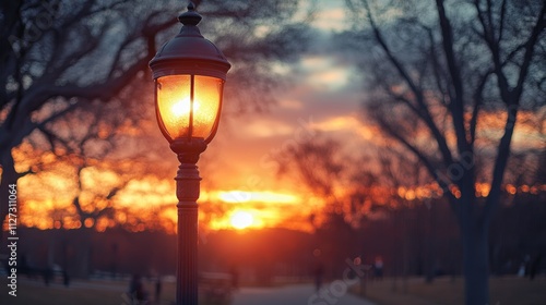 Street light illuminating a park pathway at sunset creating a serene and picturesque evening atmosphere. photo