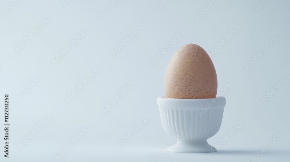 Cooked egg in a white egg cup on a minimalistic white background with ample copy space for design and advertising purposes Cooked egg in a white egg cup on a minimalistic white background with ample copy space for design and advertising purposes