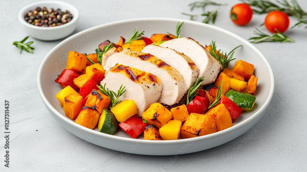 Crispy pollo a la brasa sliced and plated with colorful roasted vegetables and herbs Crispy pollo a la brasa sliced and plated with colorful roasted vegetables and herbs