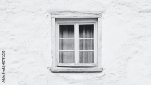 Minimalist white wall featuring a rustic window with curtains creating a serene and timeless aesthetic perfect for various design projects.