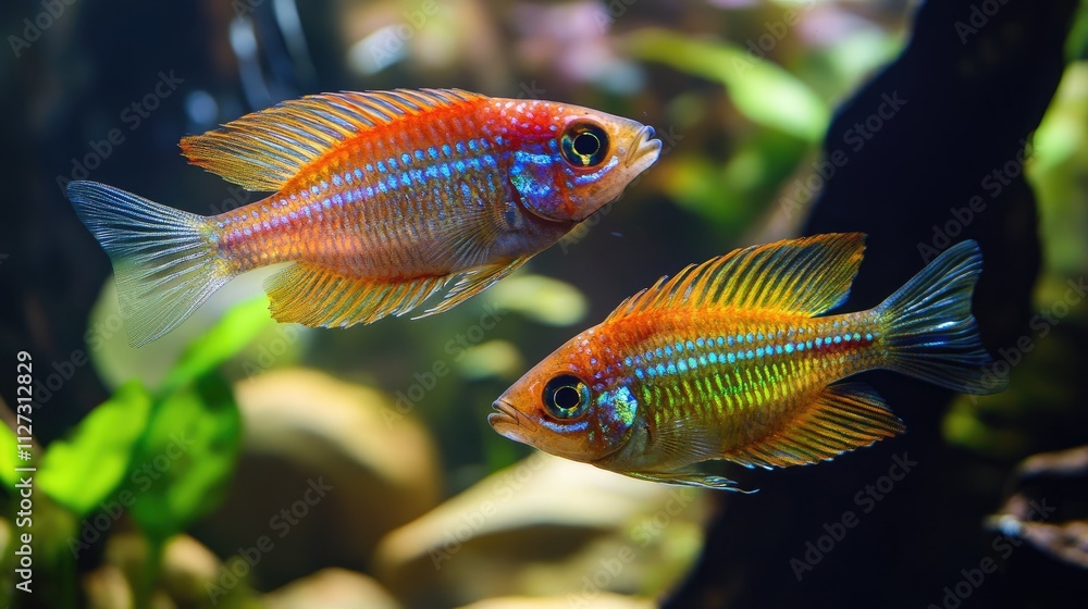 Vibrant tropical fish swimming gracefully in a lush, natural aquarium environment with aquatic plants and stones. Vibrant tropical fish swimming gracefully in a lush, natural aquarium environment with aquatic plants and stones.