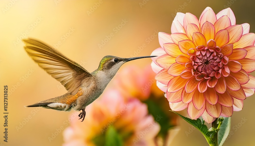 Naklejka premium A Hummingbird in Flight Captivating Beauty of Nature as it Dances Towards a Vibrant Flower to Collect Nectar in a Stunning Digital Artwork