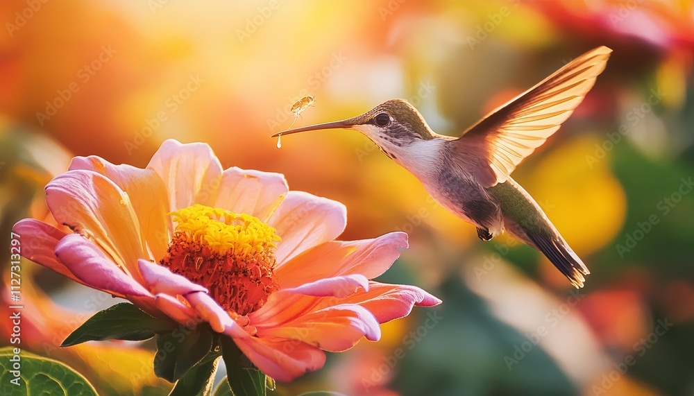 Fototapeta premium Graceful Hummingbird in Flight Capturing the Essence of Nature as it Dances Towards a Vibrant Blossom for Nectar in a Colorful Garden Wonderland