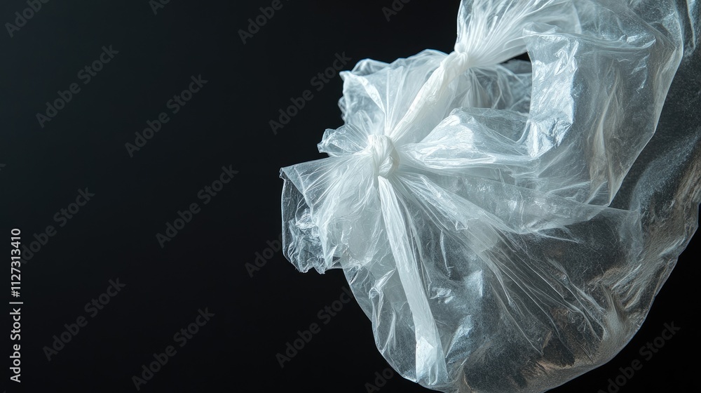 Close up of a discarded plastic bag highlighting environmental issues on a dark background Close up of a discarded plastic bag highlighting environmental issues on a dark background