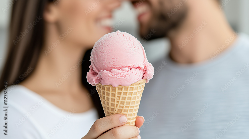 A couple shares a delightful moment holding an ice cream cone while smiling at each other A couple shares a delightful moment holding an ice cream cone while smiling at each other