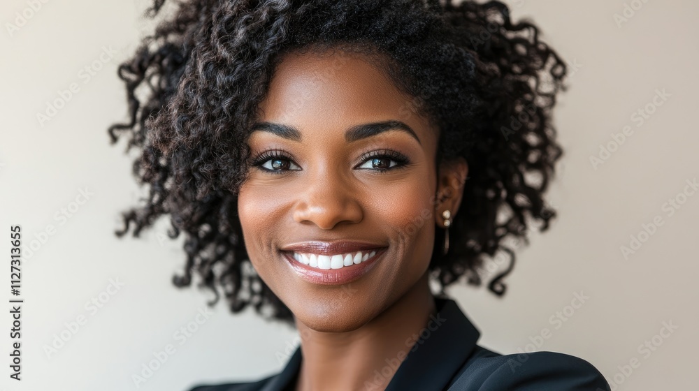 Confident businesswoman with curly hair smiling warmly in a professional setting showcasing positivity and approachability in the workplace. Confident businesswoman with curly hair smiling warmly in a professional setting showcasing positivity and approachability in the workplace.