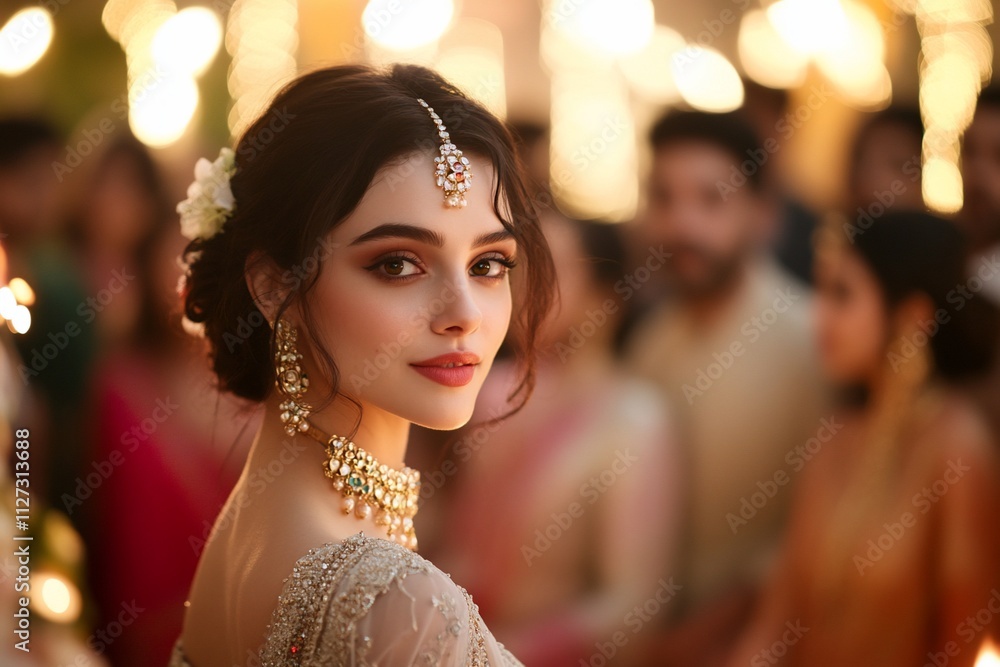 A woman in traditional attire at a festive gathering. A woman in traditional attire at a festive gathering.