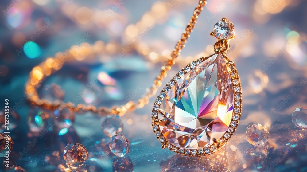 Elegant Gold Necklace with Shiny Crystal Pendant Showcasing Fashion Jewelry Accessories for Women and Ladies in Soft Focus Background Elegant Gold Necklace with Shiny Crystal Pendant Showcasing Fashion Jewelry Accessories for Women and Ladies in Soft Focus Background
