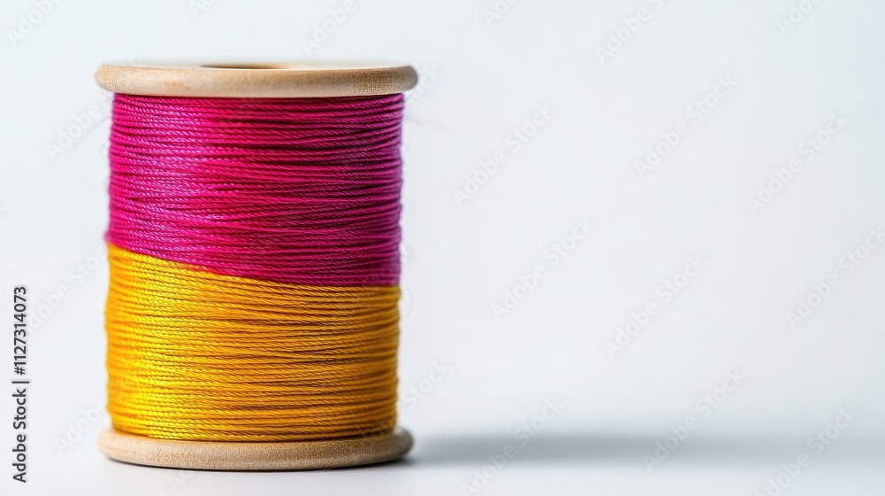 Colorful sewing thread spool with pink and yellow strands isolated on a white background for crafting and textile projects. Colorful sewing thread spool with pink and yellow strands isolated on a white background for crafting and textile projects.