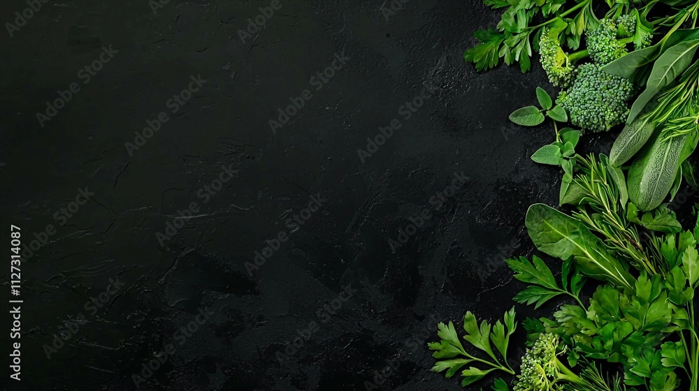 Fresh Green Vegetables and Herbs on Dark Background for Cooking Fresh Green Vegetables and Herbs on Dark Background for Cooking
