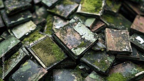 Close up view of a weathered pile of abandoned tiles showcasing moss growth and surface damage highlighting texture and nature's reclaiming process photo