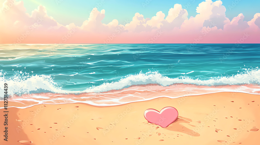 Ocean waves softly erasing a sand heart flat design front view fleeting love theme cartoon drawing colored pastel Ocean waves softly erasing a sand heart flat design front view fleeting love theme cartoon drawing colored pastel