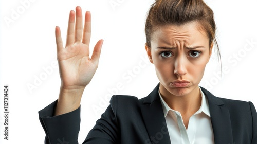 Businesswoman Showing Stop Gesture, Displeased Expression, Studio Shot