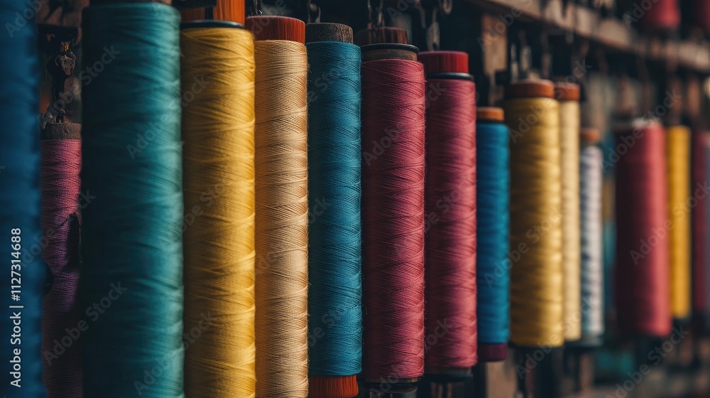 Vibrant spools of thread in various colors arranged in a textile workshop showcasing the artistry of fabric and textile production Vibrant spools of thread in various colors arranged in a textile workshop showcasing the artistry of fabric and textile production