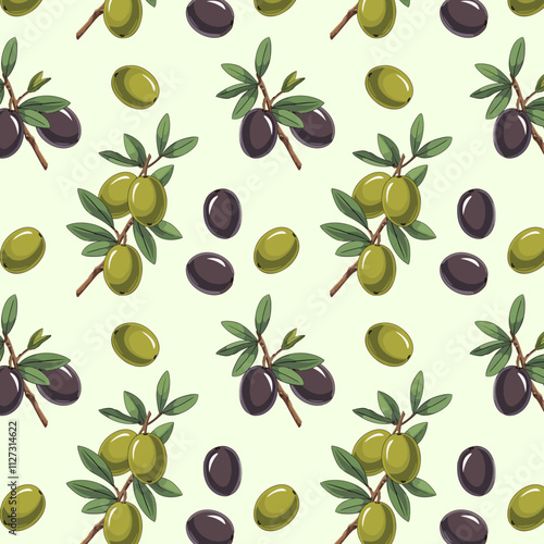 Olives in a color pattern.Vector seamless pattern with multi-colored olives on branches with leaves.