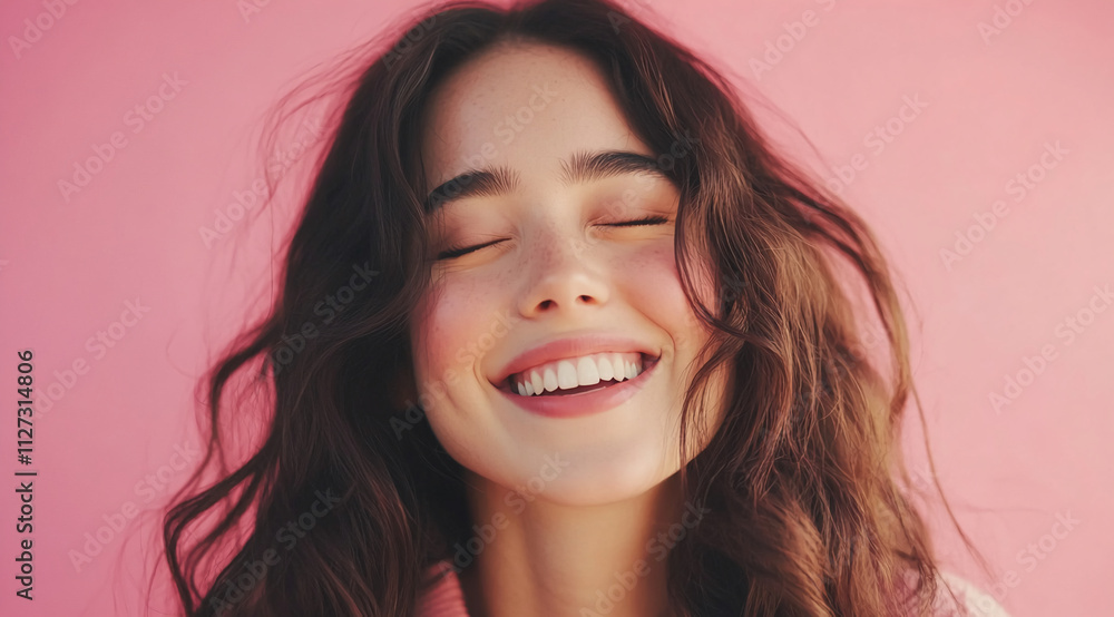 Young woman smiling happily with wavy hair against a pink background in a cheerful indoor setting Young woman smiling happily with wavy hair against a pink background in a cheerful indoor setting