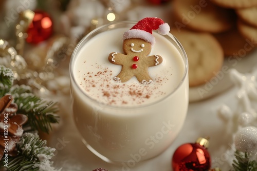 A cup of milk with a gingerbread man on top, surrounded by holiday decorations, evoking cheer and comfort.