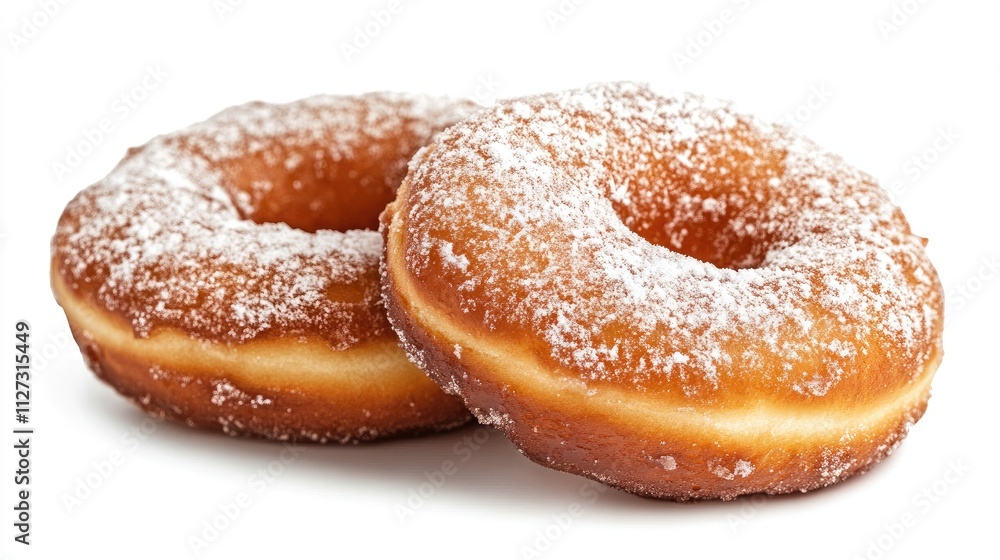 freshly baked classic donuts dusted with powdered sugar on a white background for an appetizing dessert or snack advertisement freshly baked classic donuts dusted with powdered sugar on a white background for an appetizing dessert or snack advertisement