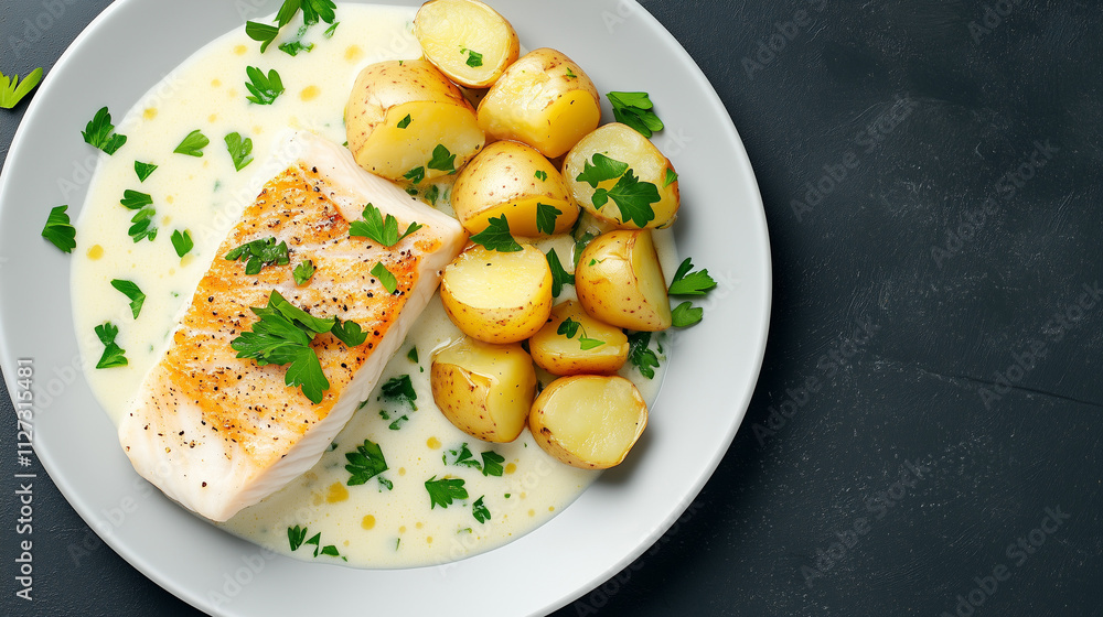 Exquisite hot lutfisk on a white plate complemented by roasted potatoes and sauce Exquisite hot lutfisk on a white plate complemented by roasted potatoes and sauce