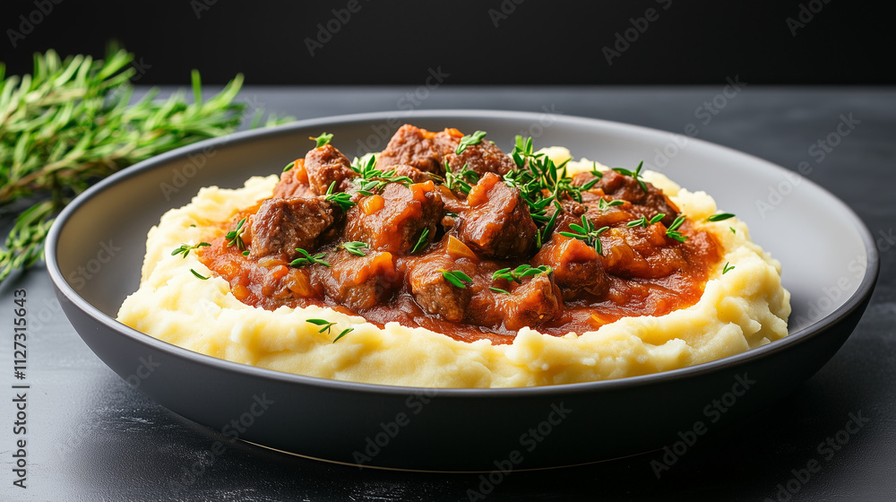 Savory poronkristys topped with rich sauce and fresh herbs, resting on buttery mashed potatoes Savory poronkristys topped with rich sauce and fresh herbs, resting on buttery mashed potatoes