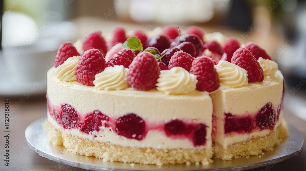 Delicious raspberry cream cake with decorative frosting perfect for birthday celebrations and special occasions. Delicious raspberry cream cake with decorative frosting perfect for birthday celebrations and special occasions.