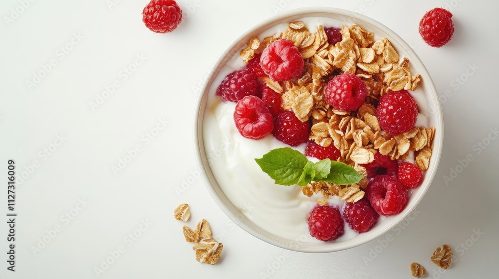 Bowl of creamy yogurt topped with fresh raspberries and crunchy granola on white background Bowl of creamy yogurt topped with fresh raspberries and crunchy granola on white background