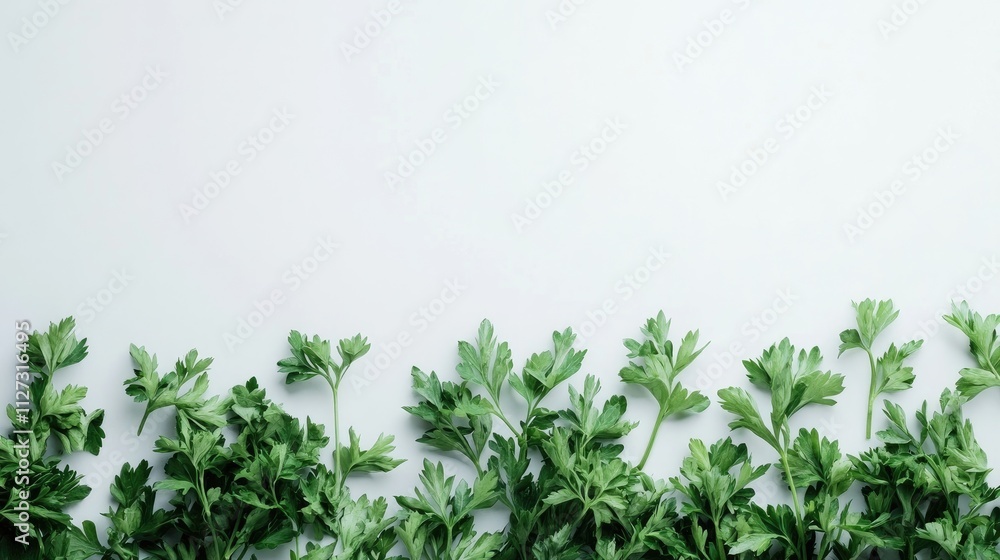 Freshly harvested parsley leaves arranged neatly on a light background showcasing their vibrant green color and natural texture Freshly harvested parsley leaves arranged neatly on a light background showcasing their vibrant green color and natural texture