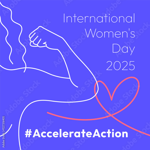 Accelerate Action campaign pose. International Women's Day 2025. Outline woman doing strength gesture with arm to show solidarity and support for women's rights and gender equality. Square banner