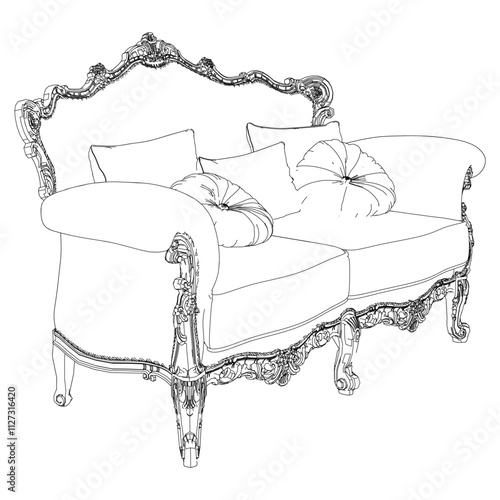 Sofa for the living room hand-painted in different sizes and types, Elegant baroque and classical designs. Vector Illustration