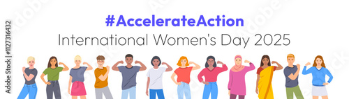 Accelerate Action campaign pose. International Women's Day 2025. Diverse women, men show solidarity and support to stop discrimination. Collective global activism for women's rights, gender equality