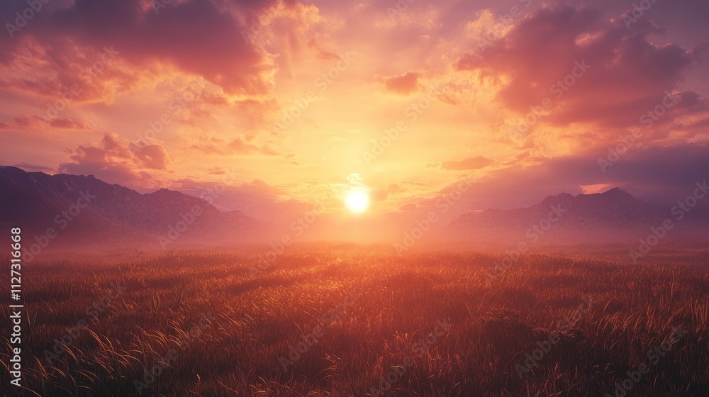 Fototapeta premium Serene countryside sunset with vibrant skies and golden hour light illuminating the horizon and gently swaying grass in a tranquil landscape