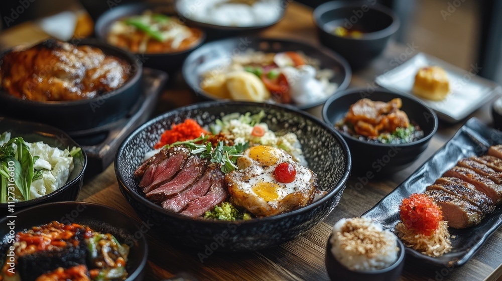 Deliciously arranged gourmet dishes on a restaurant table showcasing a variety of cuisines in an inviting dining atmosphere Deliciously arranged gourmet dishes on a restaurant table showcasing a variety of cuisines in an inviting dining atmosphere