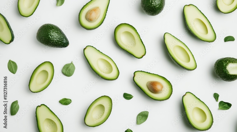 Fresh avocados sliced on white background with green leaves showcasing healthy food concept and natural ingredients for culinary use Fresh avocados sliced on white background with green leaves showcasing healthy food concept and natural ingredients for culinary use