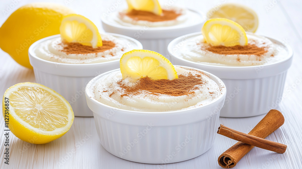 Arroz doce, a creamy rice pudding, elegantly presented in ramekins with lemon slices and cinnamon Arroz doce, a creamy rice pudding, elegantly presented in ramekins with lemon slices and cinnamon