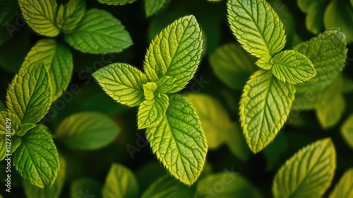 Detailed close-up of vibrant green mint leaves showcasing intricate texture and depth against a dark blurred background.