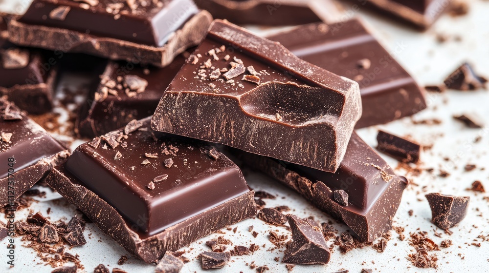 Decadent dark chocolate pieces arranged artfully on a clean white background inviting indulgence and culinary creativity Decadent dark chocolate pieces arranged artfully on a clean white background inviting indulgence and culinary creativity