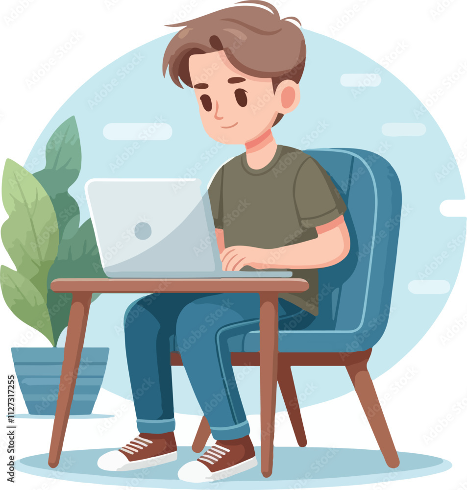 a boy is using his laptop vector a boy is using his laptop vector