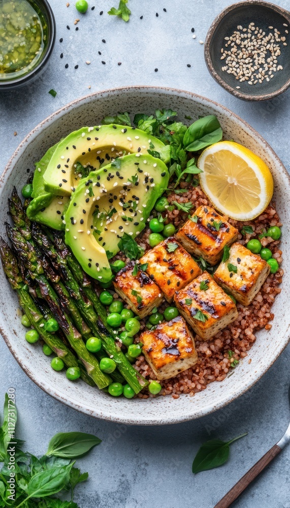 A vibrant bowl featuring tofu, avocado, asparagus, peas, and grains, promoting healthy eating. A vibrant bowl featuring tofu, avocado, asparagus, peas, and grains, promoting healthy eating.
