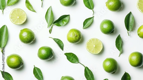 Wallpaper Mural Fresh limes and leaves arranged on a white background showcasing vibrant colors and textures for culinary or beverage theme. Torontodigital.ca