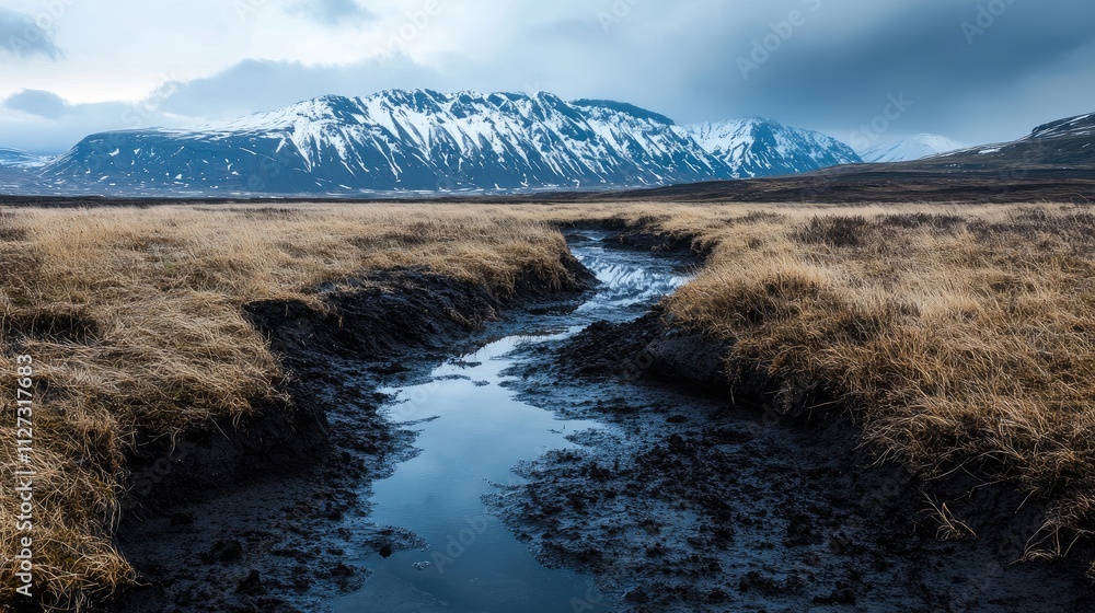 Fototapeta premium Melting black snow reveals springtime landscape with flowing water and rugged mountains under dramatic clouded sky