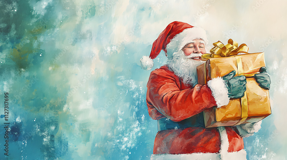 Santa Claus hugging a giant gift box flat design side view fun surprise theme water color Complementary Color Scheme Santa Claus hugging a giant gift box flat design side view fun surprise theme water color Complementary Color Scheme