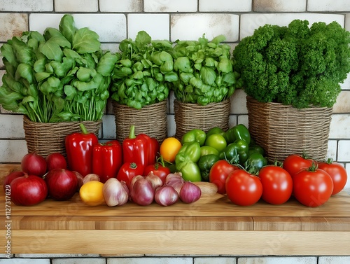 Fresh herbs and vegetables arranged on a wooden surface photo