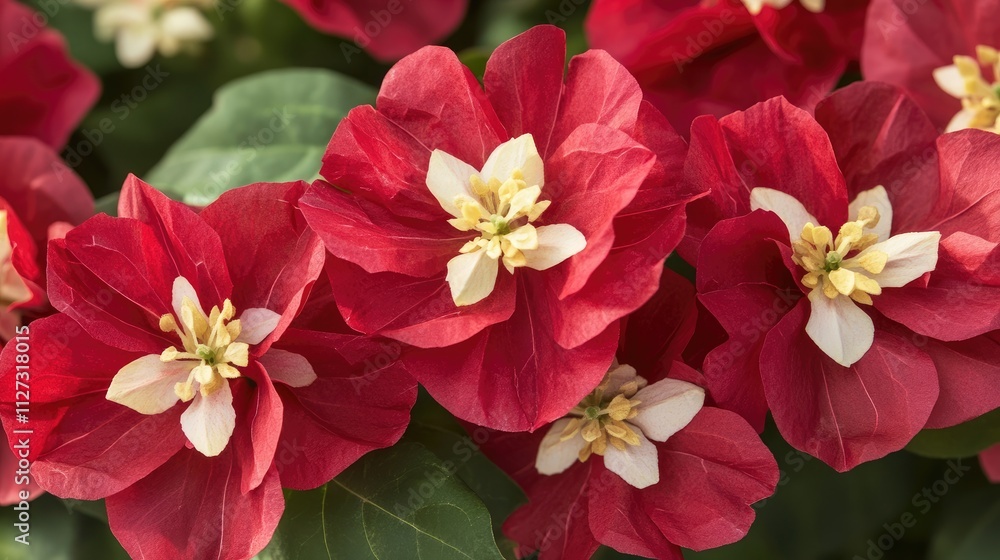 Closeup of vibrant red Bougainvillea flowers showcasing yellow and white centers against lush green foliage in a garden setting Closeup of vibrant red Bougainvillea flowers showcasing yellow and white centers against lush green foliage in a garden setting