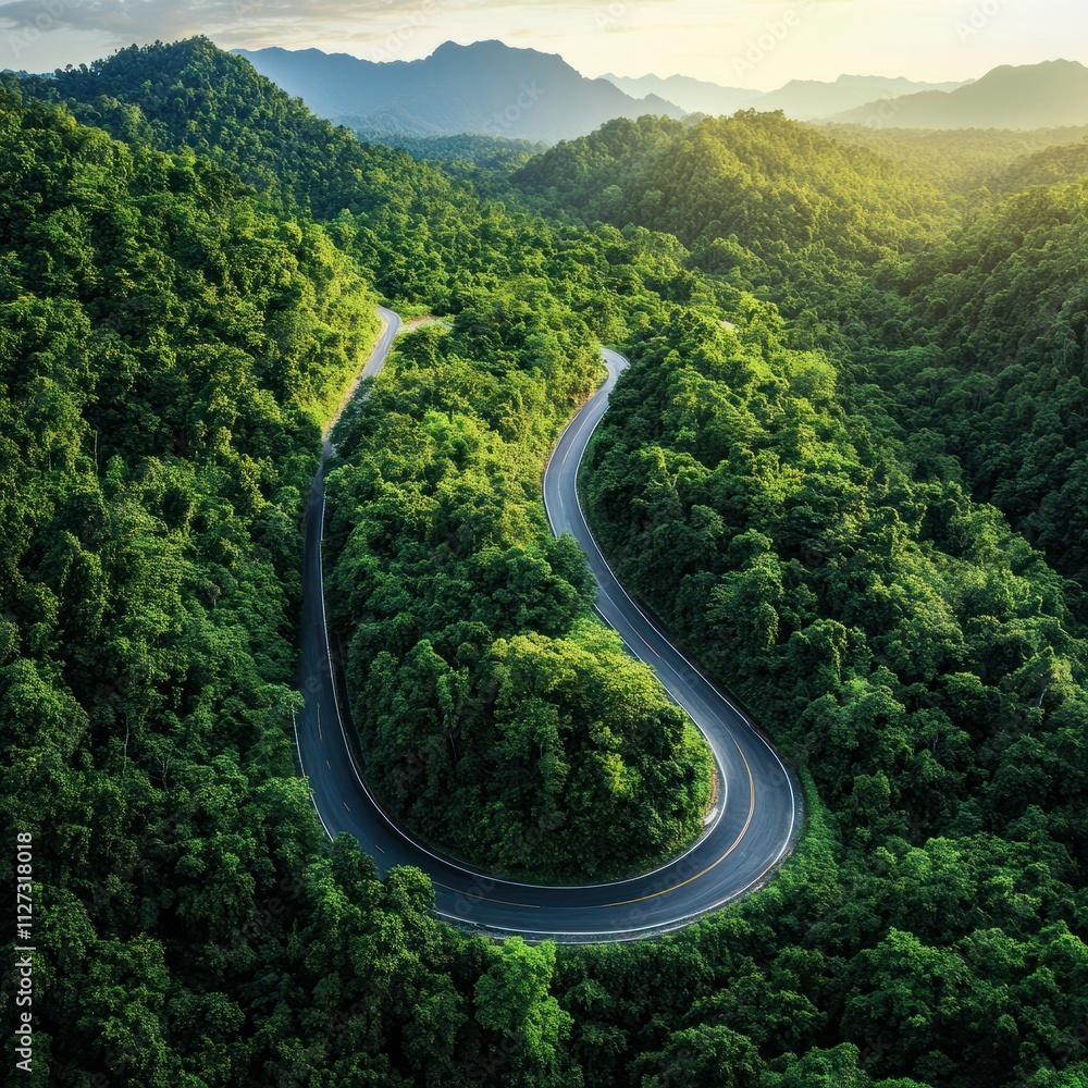 Road in the middle of the forest , road curve construction up to mountain, Rainforest ecosystem and healthy environment concept Road in the middle of the forest , road curve construction up to mountain, Rainforest ecosystem and healthy environment concept