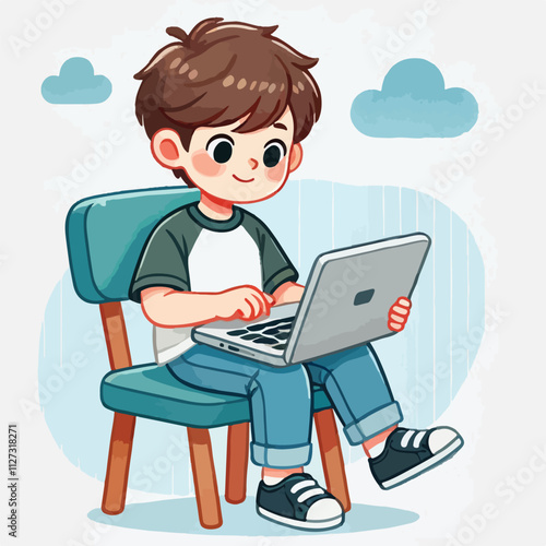 a boy is using his laptop vector