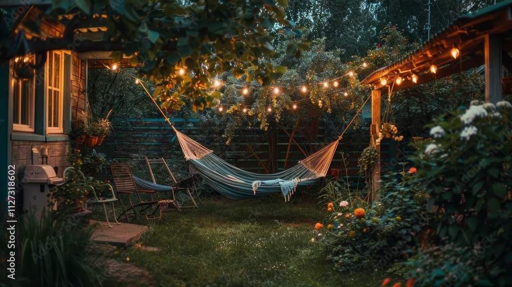 Charming summer backyard retreat featuring a hammock, string lights, and vibrant potted plants Charming summer backyard retreat featuring a hammock, string lights, and vibrant potted plants