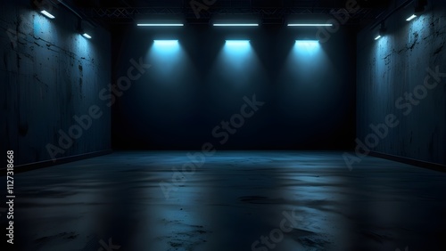 The dark stage shows, empty dark blue background, neon light, spotlights, The asphalt floor and studio room with smoke float up the interior texture for display products 

