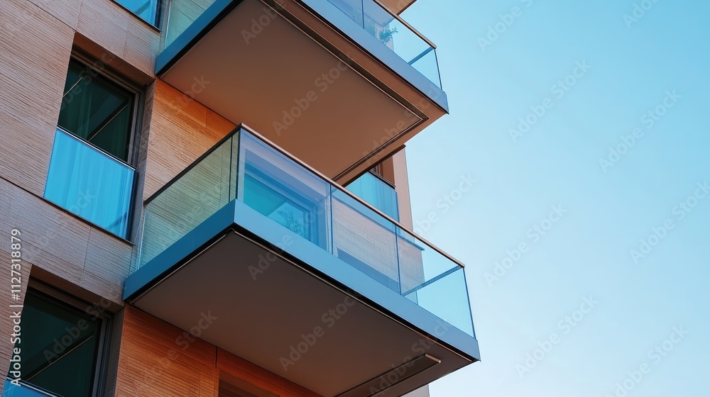 Fototapeta premium Modern apartment balcony with glass railings against a clear blue sky showcasing contemporary architecture and urban living design elements.