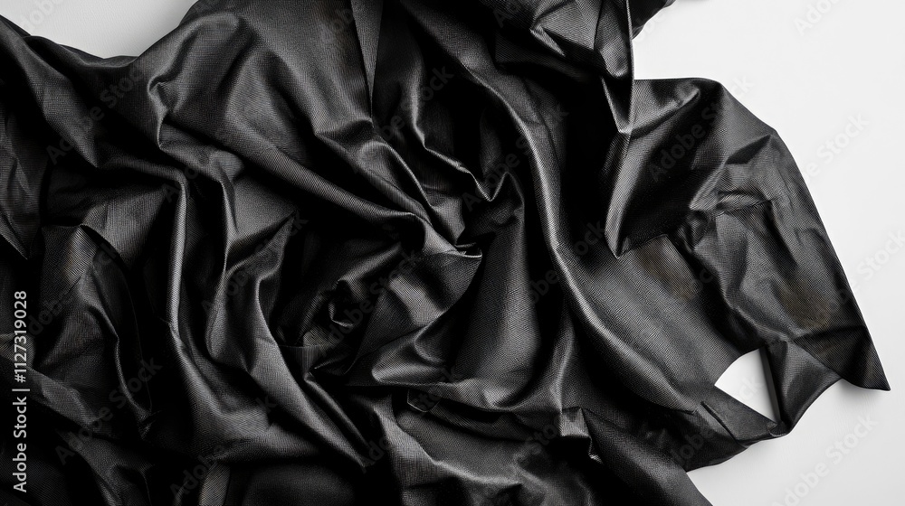 Crumpled black fabric drapery showcasing texture against a clean white background for fashion and textile themes Crumpled black fabric drapery showcasing texture against a clean white background for fashion and textile themes